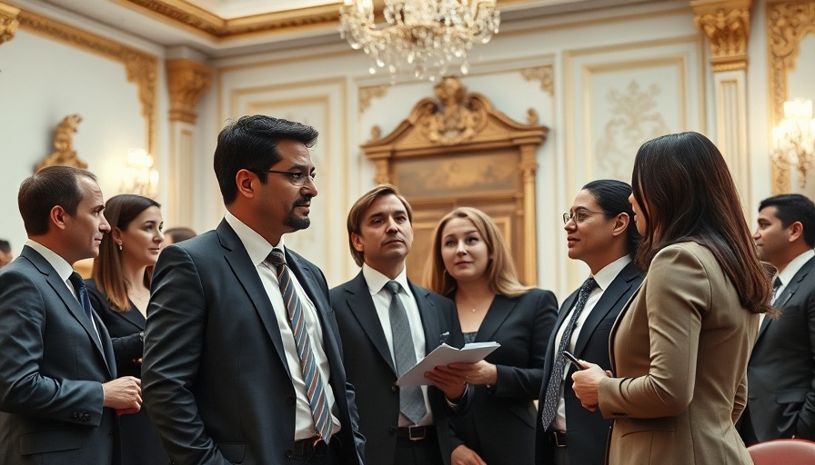Business professionals discussing AI censorship in formal event.
