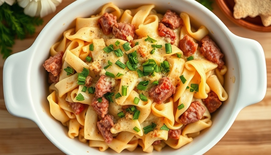 Corned beef noodle casserole close-up with spoon.