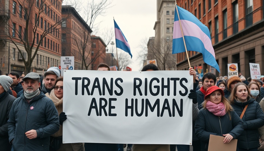 Protest scene with transgender rights sign and flag amid urban backdrop.