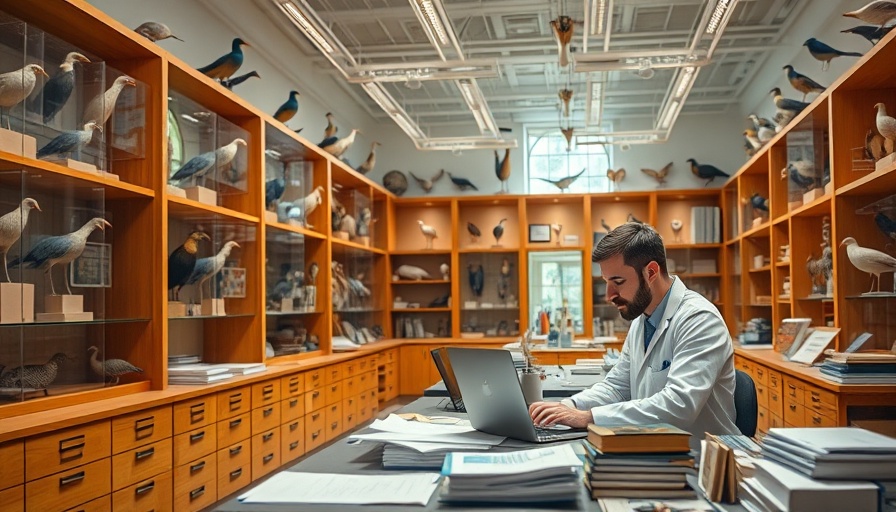 Museum-like lab with mounted birds showing study of wildfire effect on bird behavior.