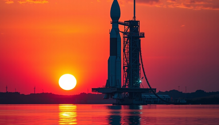 SpaceX Crew-10 launch pad at sunset with orange sky.