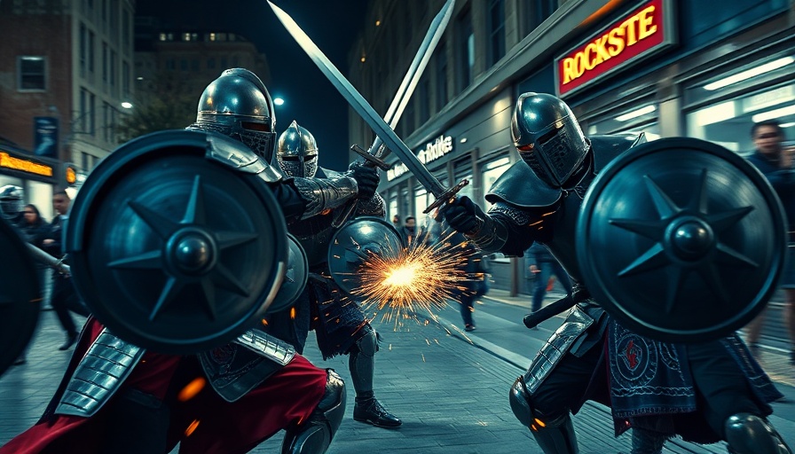 Knightly Combat at Rockridge BART: two armored figures in a night-time duel.