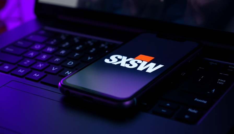 SXSW logo on smartphone over keyboard in purple light.