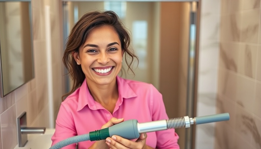 Cheerful woman showing how to unclog a drain in a bathroom.