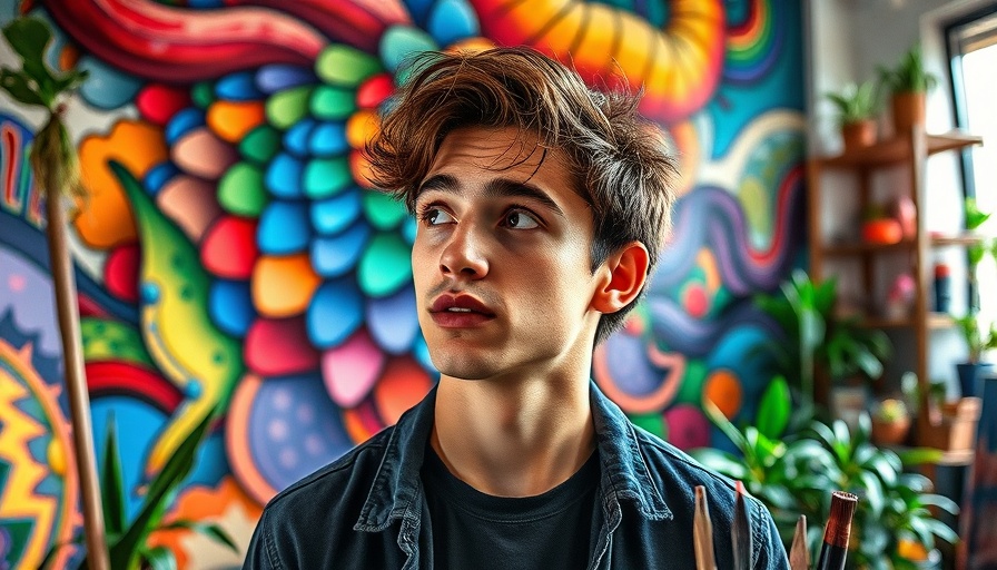 Ray Sumser arts showcase, young man with colorful mural, studio setting.
