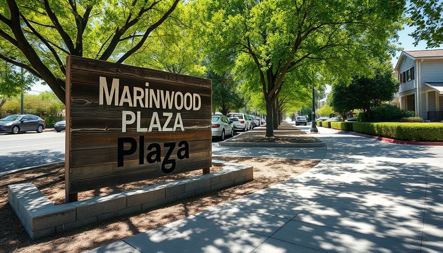 Marinwood Plaza sign in sunny suburban setting