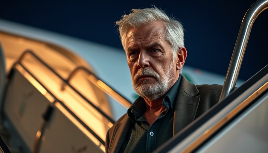 Serious older man exiting airplane, night airport scene.