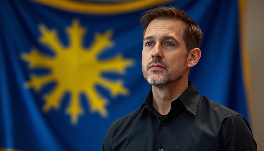 Thoughtful man against blue background with yellow flag.