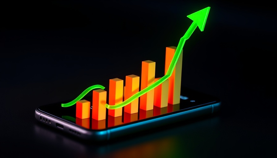 Smartphone with 3D bar graphs and arrow symbolizing market growth.
