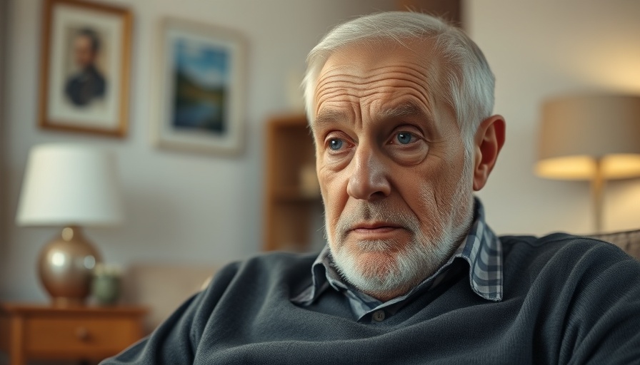 Elderly man sitting indoors with pensive expression, warm ambiance.