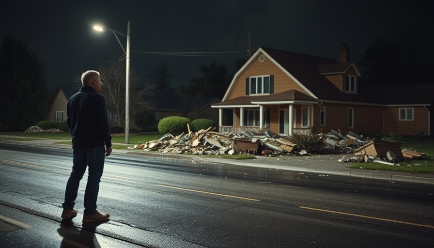 Tornado outbreak in the US South, nighttime scene of storm damage and scattered debris.