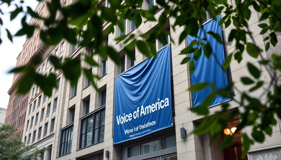 Voice of America building exterior with blue banner.