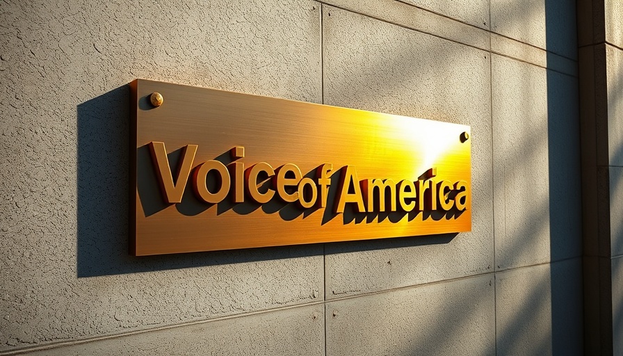 Voice of America sign with metallic letters on a concrete wall, shadowed ambiance.