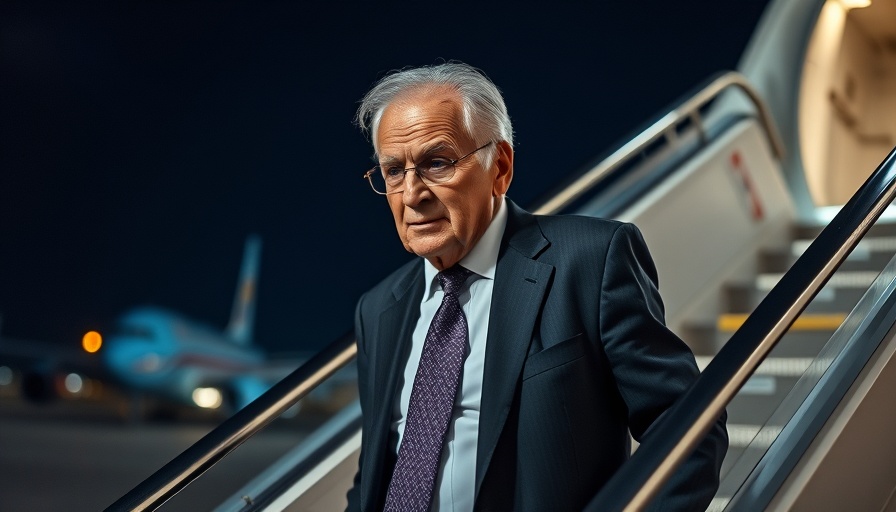 Elderly man in suit descends airplane steps, immigration crackdown.