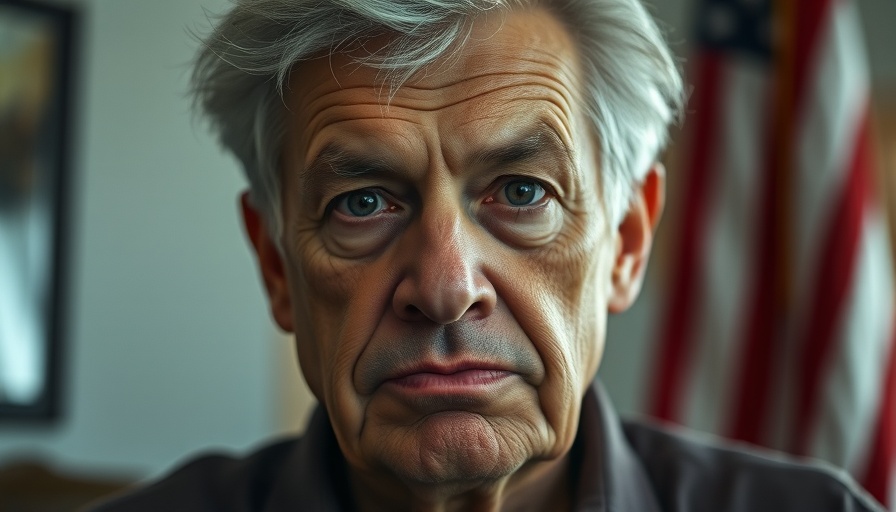 Elderly man pouting with American flag background, close-up portrait.
