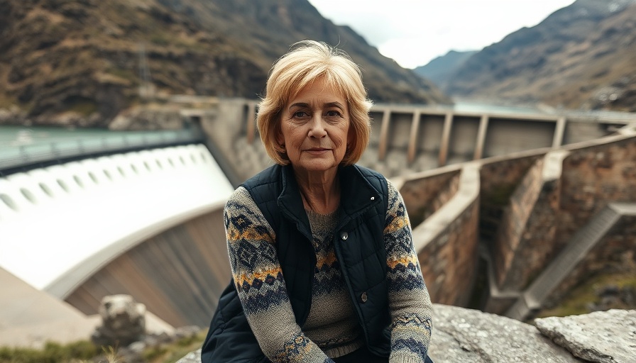 Middle-aged woman near dam with river and hills during day