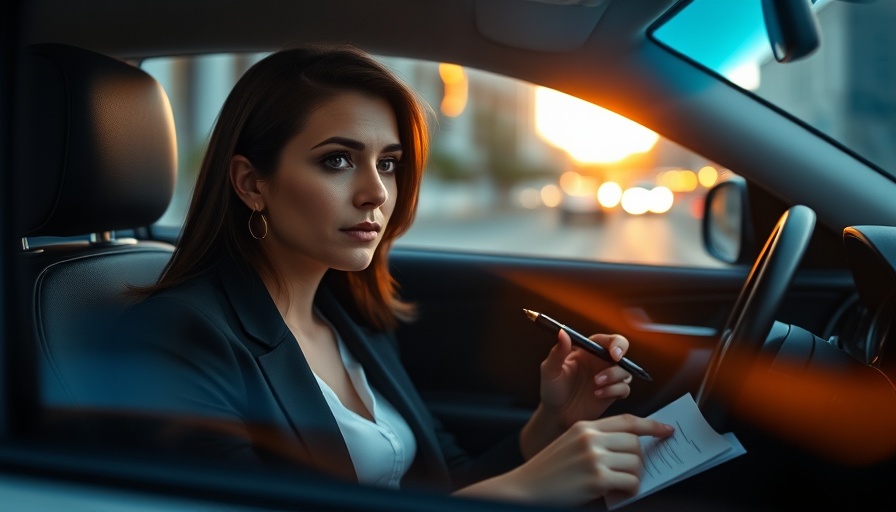 Focused woman in car multitasking with documents and phone call.
