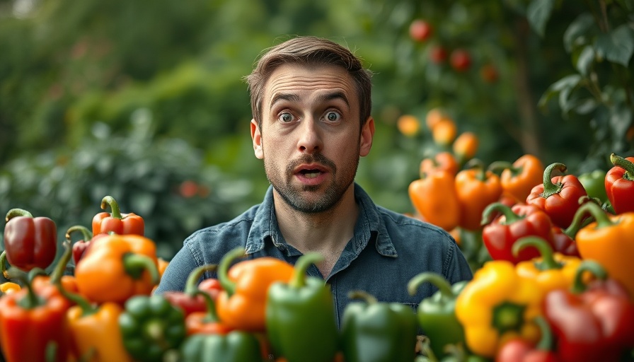 Surprised man with colorful variety of peppers for March planting.