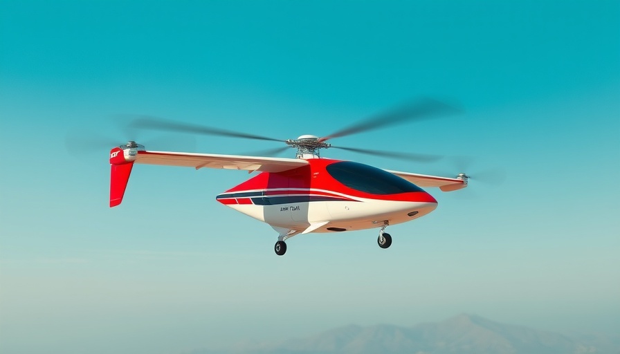 Electric air taxi flying over UK landscape, clear blue sky.