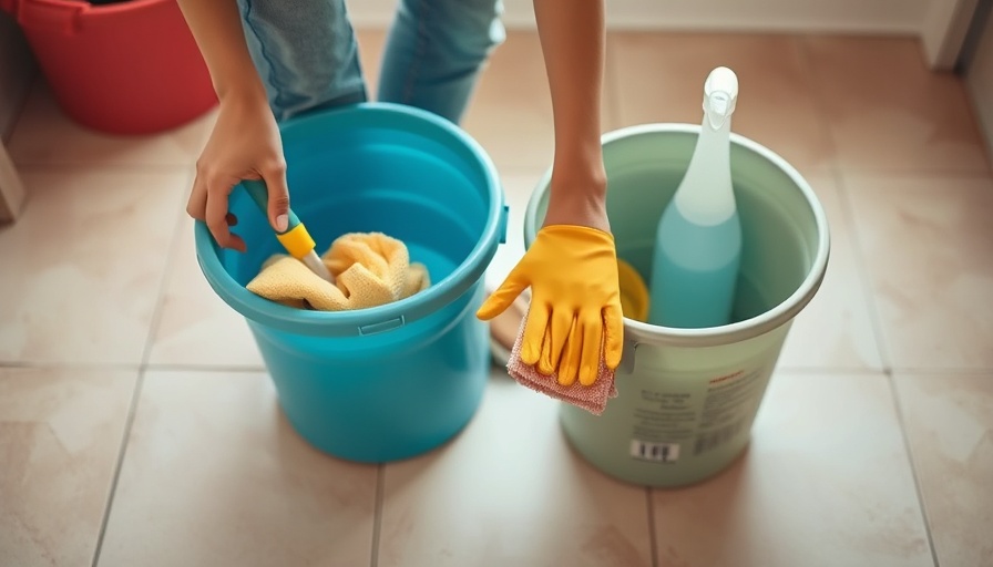 Person spring cleaning with supplies improves mental health.