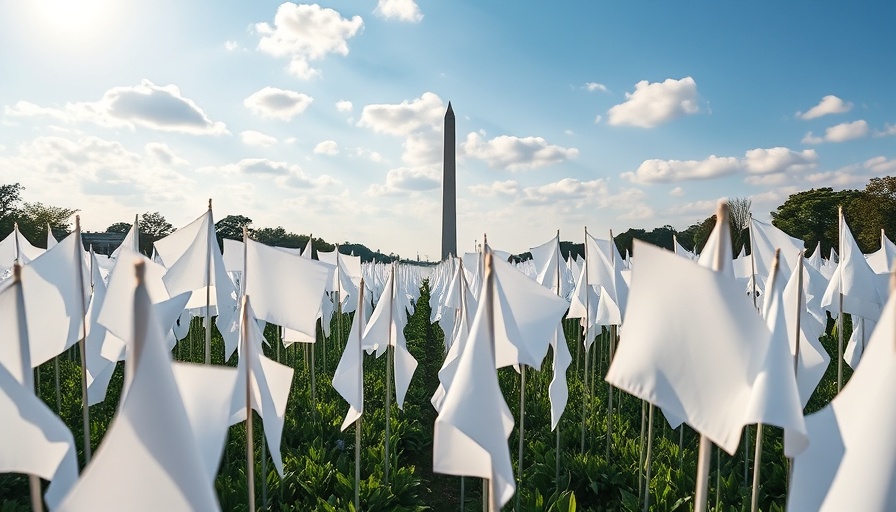 Field of white flags by Washington Monument symbolizing COVID-19 impact.