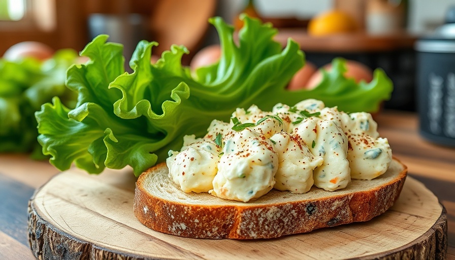 Creamy egg salad on rustic bread with herbs, healthy recipes.