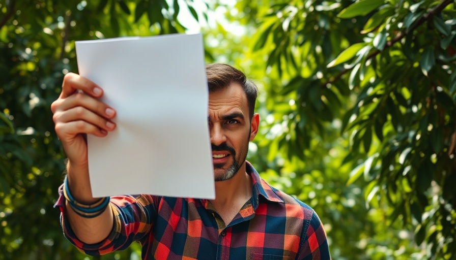 Frustrated man holds paper in lush green area, toxic soil.