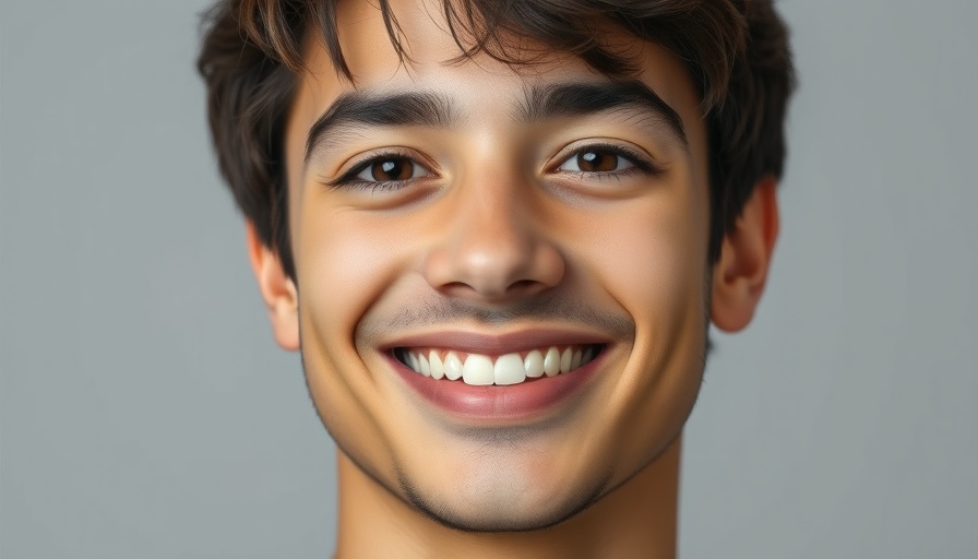 Close-up portrait of a young man with a smile, neutral grey background.