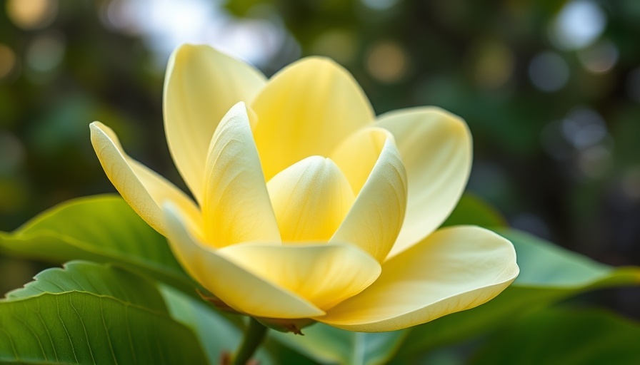 Cucumber magnolia bloom with green leaves in natural setting