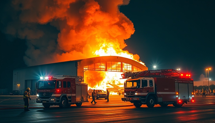 San Rafael Airport fire scene with firefighters and firetruck at night.