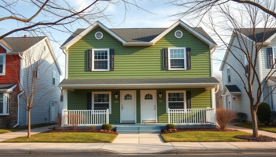 Charming green duplex in a suburban neighborhood under a clear sky.