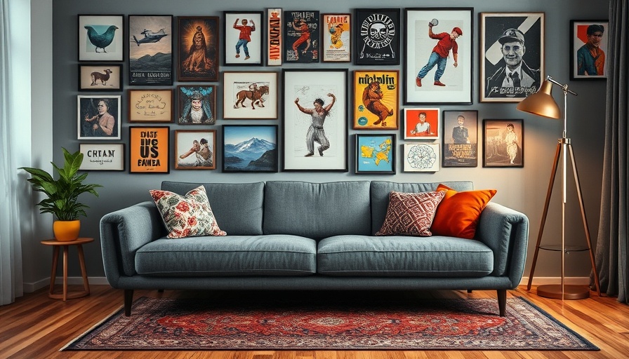 Eclectic gallery wall in modern living room with diverse art.