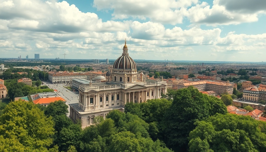 Cityscape with historic domed building in green surroundings.