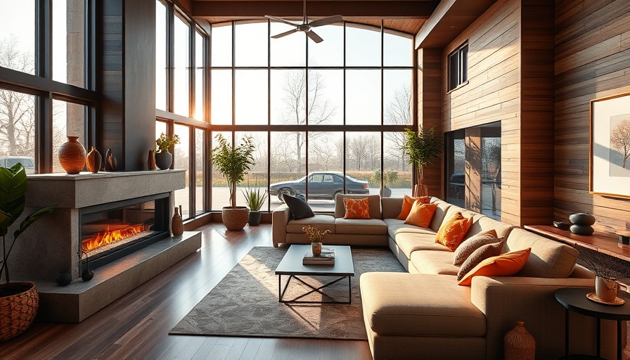 Cozy modern living room interior with fireplace and soft lighting.