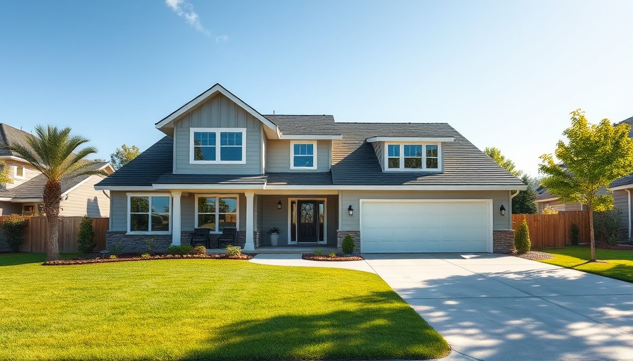 Modern suburban house with a large driveway and clear sky.
