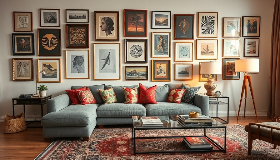 Create a gallery wall in a cozy living room with eclectic art and decor.
