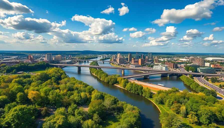 Aerial view of Richmond VA skyline with river and bridge.