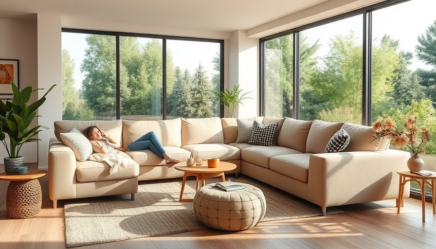Modern living room with beige sectional, large windows, cozy ambiance.
