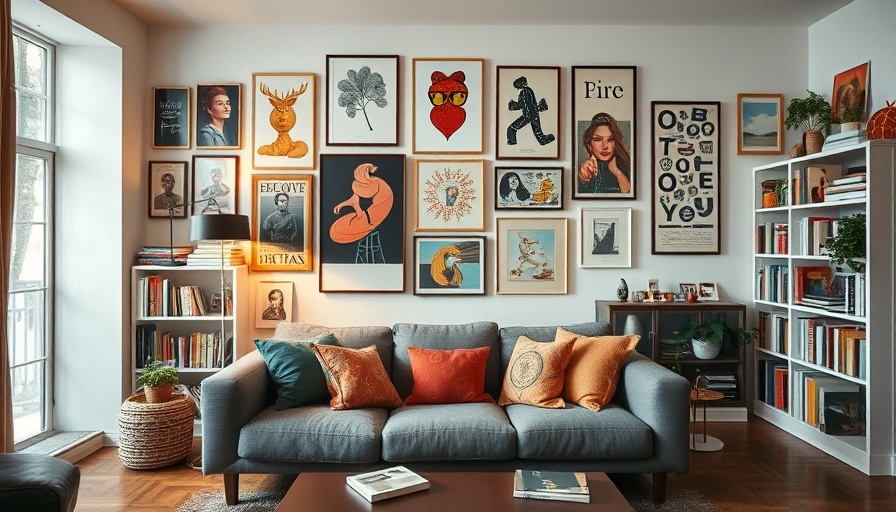 Create a gallery wall with eclectic art and cozy living room decor.