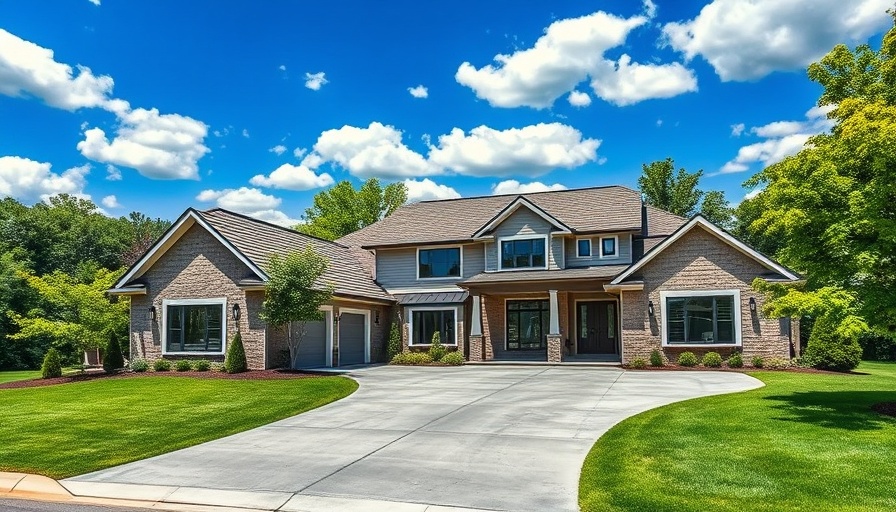 Large modern suburban house with driveway under a clear blue sky.