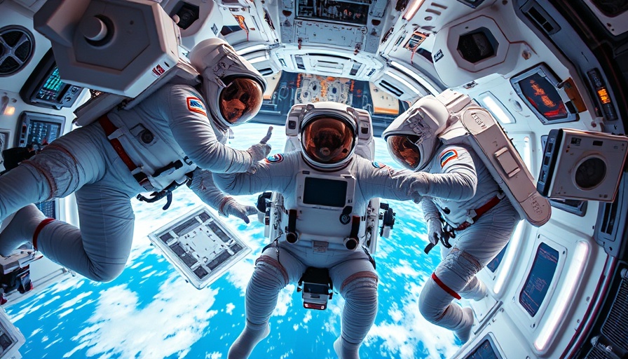 Astronauts in zero gravity, vibrant scene on the ISS.