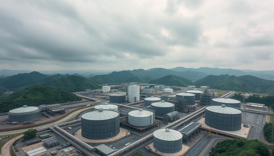 Aerial view of mining facility amidst green hills, merger in the gold mining sector.