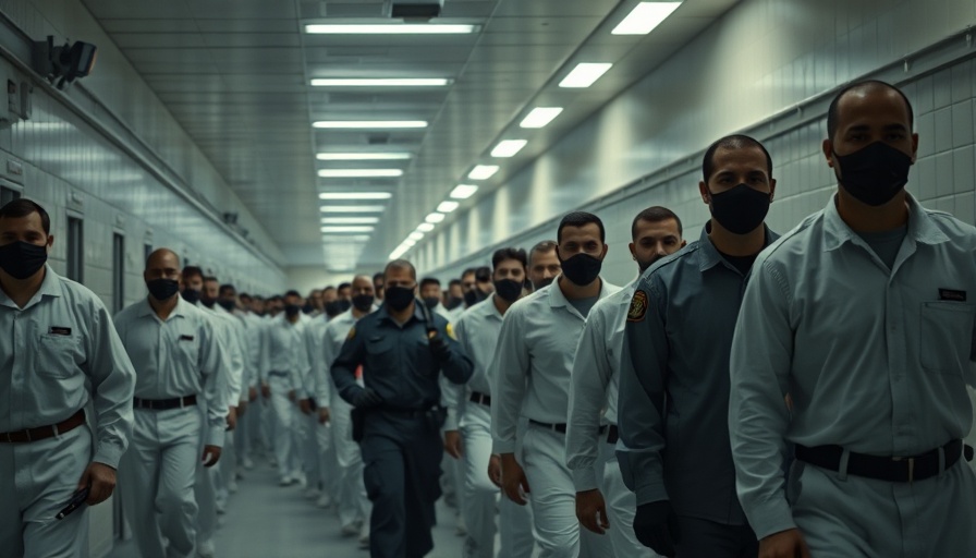 Detainees in white monitored by guards, representing deportations.