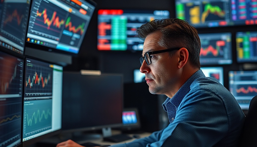 Financial analyst focused on screens, trading room full of monitors.