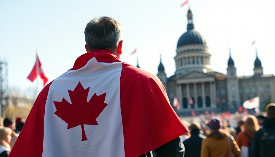 Man in Canadian flag cape at rally exploring Canada's superpower potential.