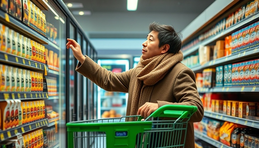 US consumers cut spending as shopper reviews grocery aisle items, illustrating economic trends.