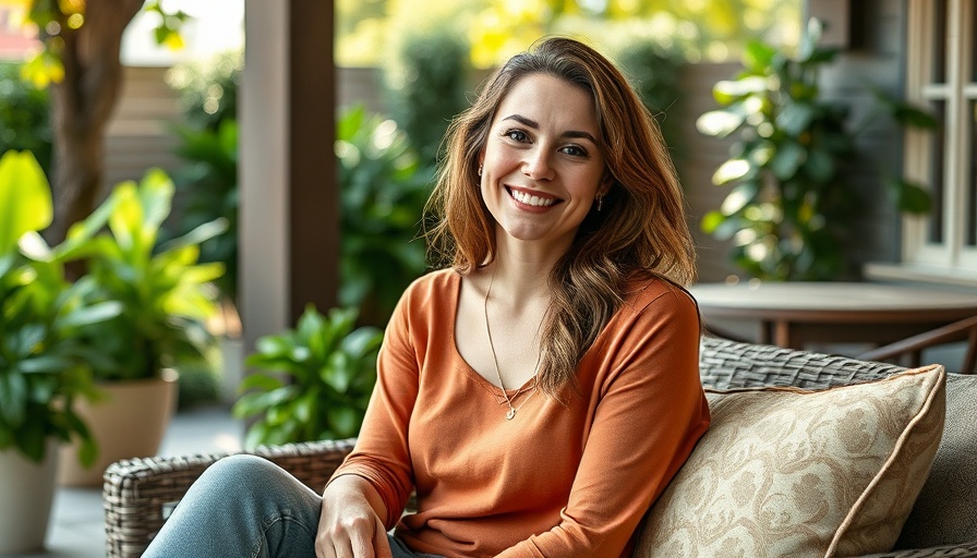 Woman outdoors smiling on sofa, PowerPoint presentation design business