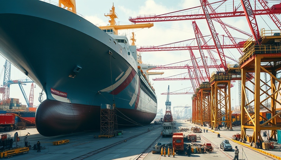 Large ships in construction at a busy port, cranes and workers active.