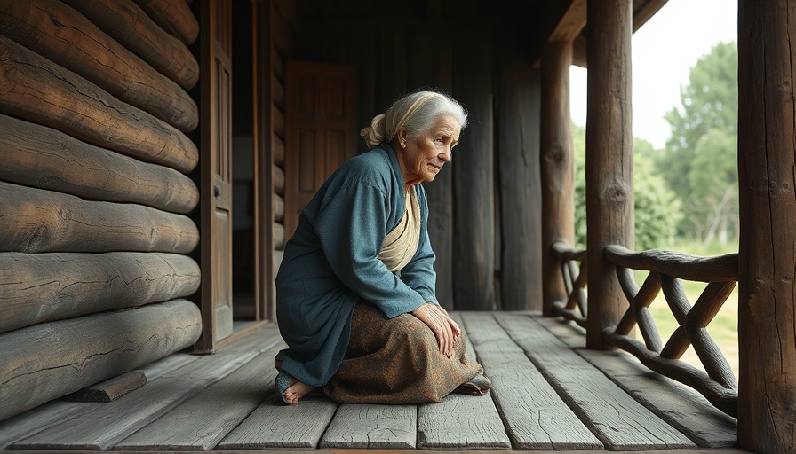 Elderly woman on wooden porch symbolizing sustainable living on Gebe Island.