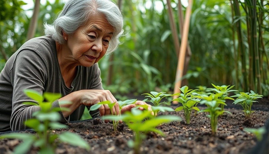 Elderly woman practicing sustainable agriculture in garden.